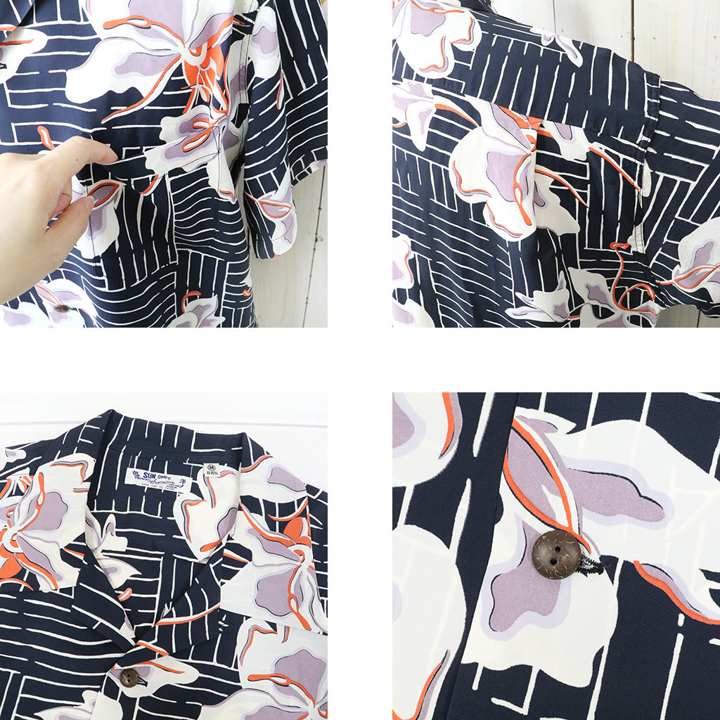 SUN SURF : S/S RAYON HAWAIIAN SHIRT-WHITE GINGER (BLACK)
