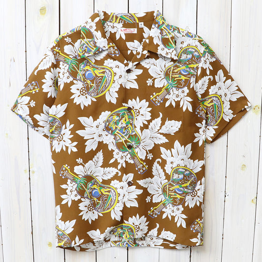 SUN SURF : S/S RAYON HAWAIIAN SHIRT-UKULELE MELODY (BROWN)