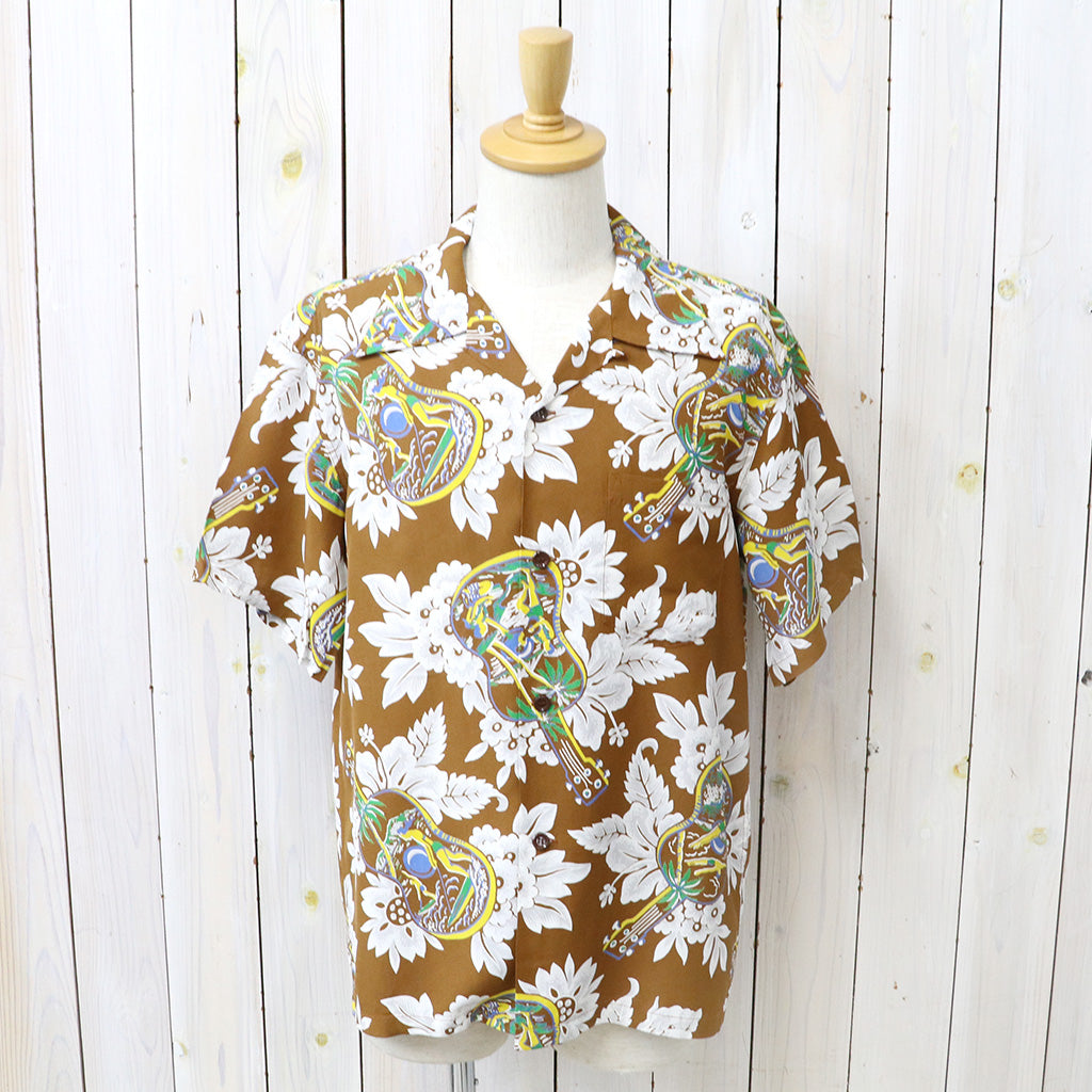 SUN SURF : S/S RAYON HAWAIIAN SHIRT-UKULELE MELODY (BROWN)