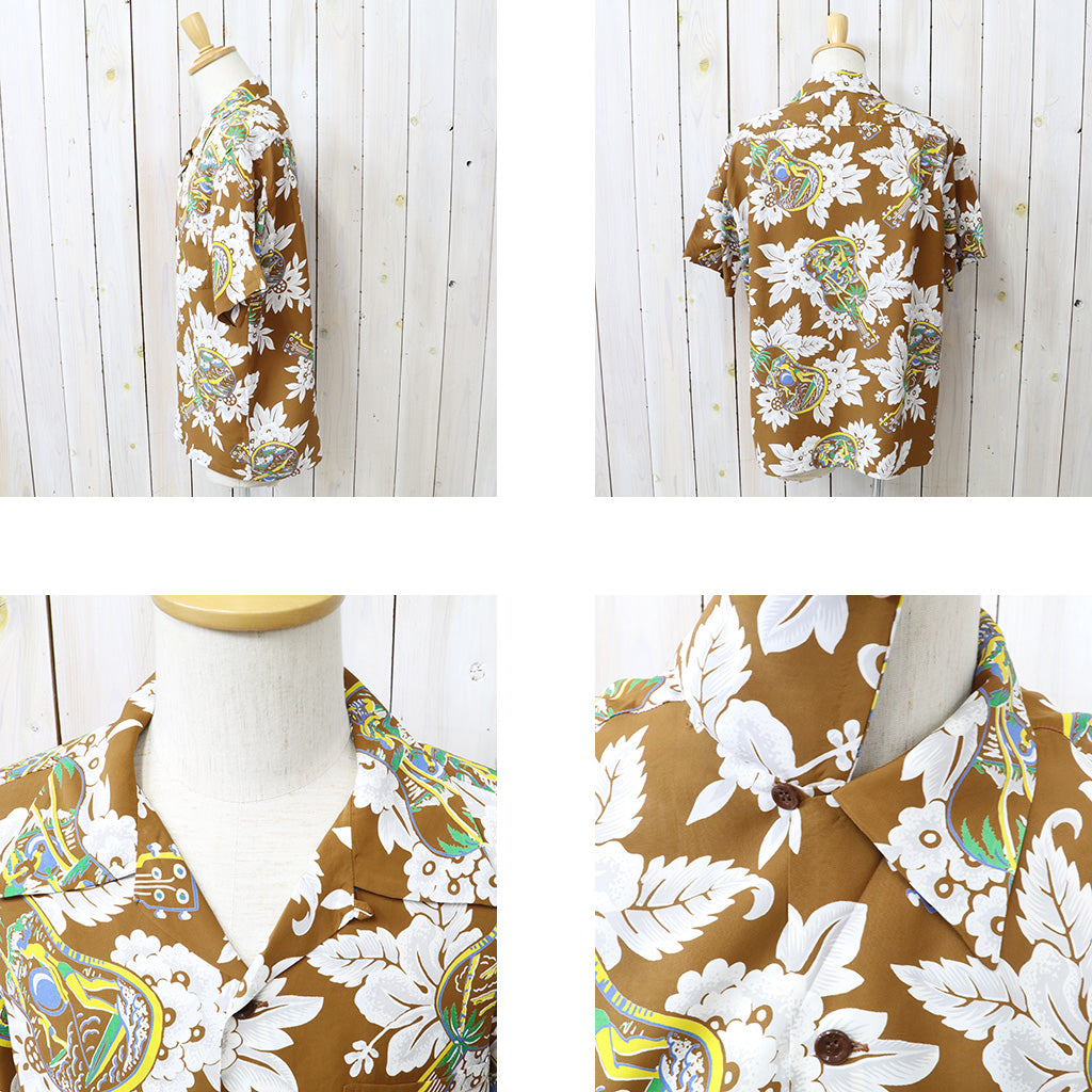 SUN SURF : S/S RAYON HAWAIIAN SHIRT-UKULELE MELODY (BROWN)