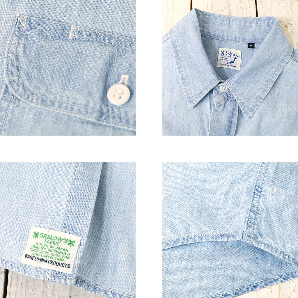 orSlow : SHORT SLEEVE CHAMBRAY WORK SHIRT WITH FLAP POCKET (CHAMBRAY BLEACH)