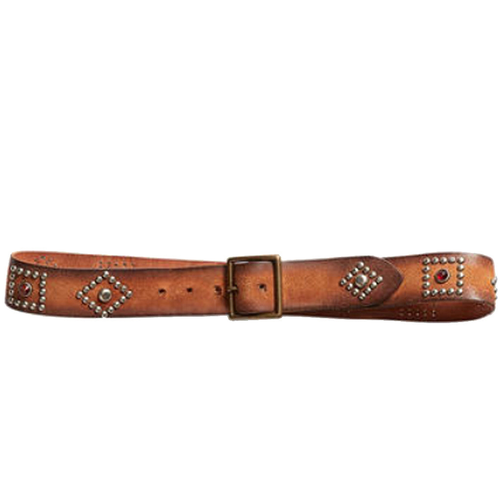 Double RL : STUDDED RGHTOUT LEATHER BELT (BROWN)